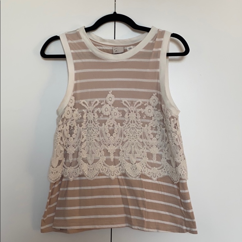 Striped beige tank with lace overlay